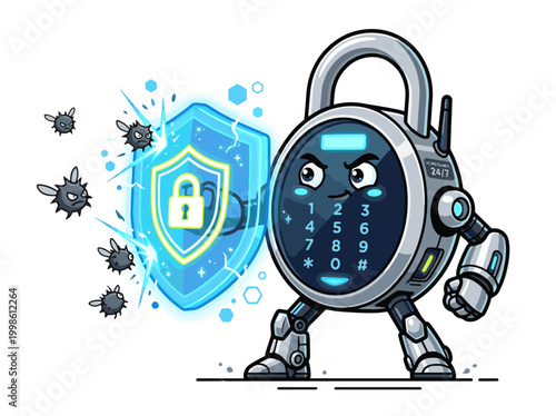 Robot padlock character defending against viruses and malware with shield