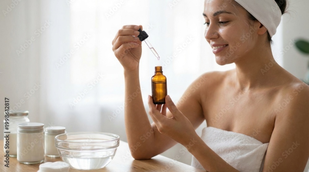 Fototapeta premium Smiling young adult female preparing homemade facial serum using amber glass dropper bottle and natural cosmetic ingredients.