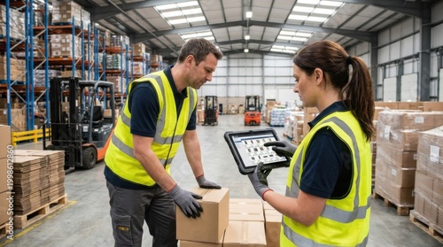 Distribution center employees in high visibility vests using a digital tablet for inventory management beside brown cardboard shipping boxes.
