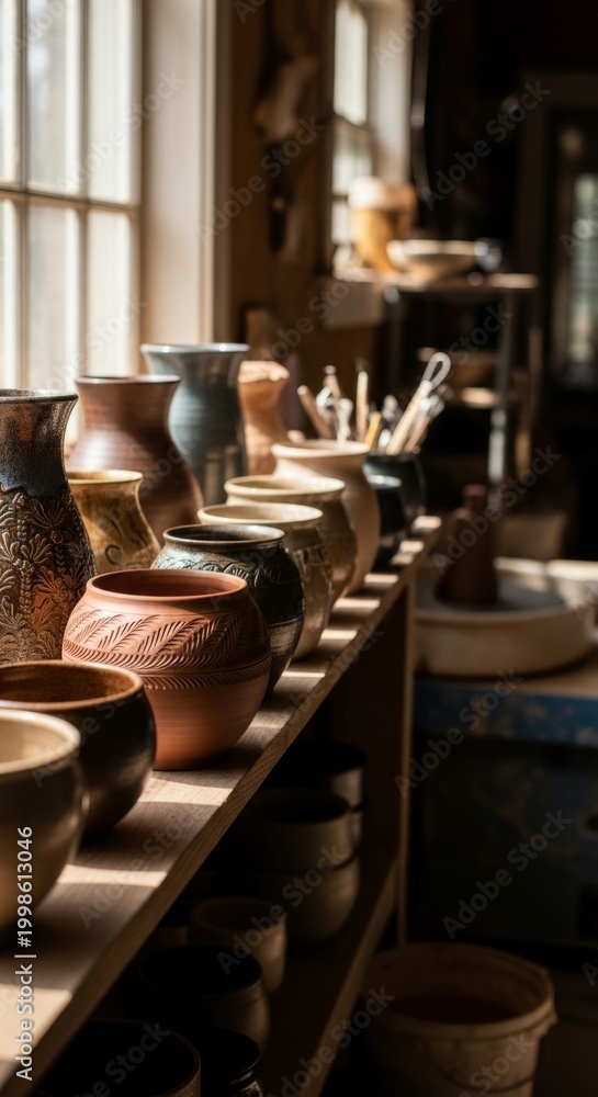 Fototapeta premium Handmade clay pottery displayed on rustic shelf, natural light highlighting textures and craftsmanship in a studio setting, perfect for creative projects