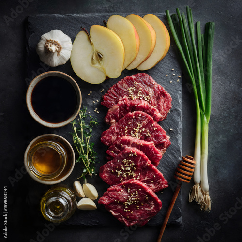 Artistic still life of bulgogi ingredients arranged symmetrically - raw ribeye slices, Asian pear halves, garlic cloves, green onions, soy sauce bottle, sesame oil, and honey dipper on a dark slate co