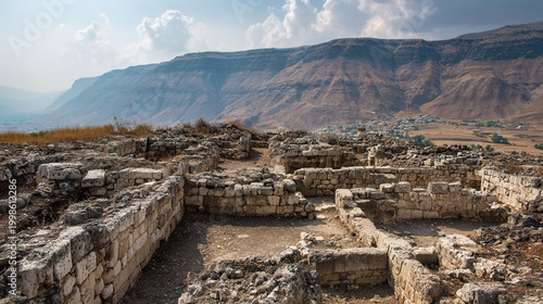 ancient ruins against mountain landscape, archaeological site, stone walls, historical heritage, dry climate, panoramic view