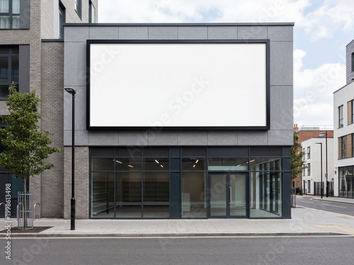 Modern street facade with large horizontal billboard storefront sign