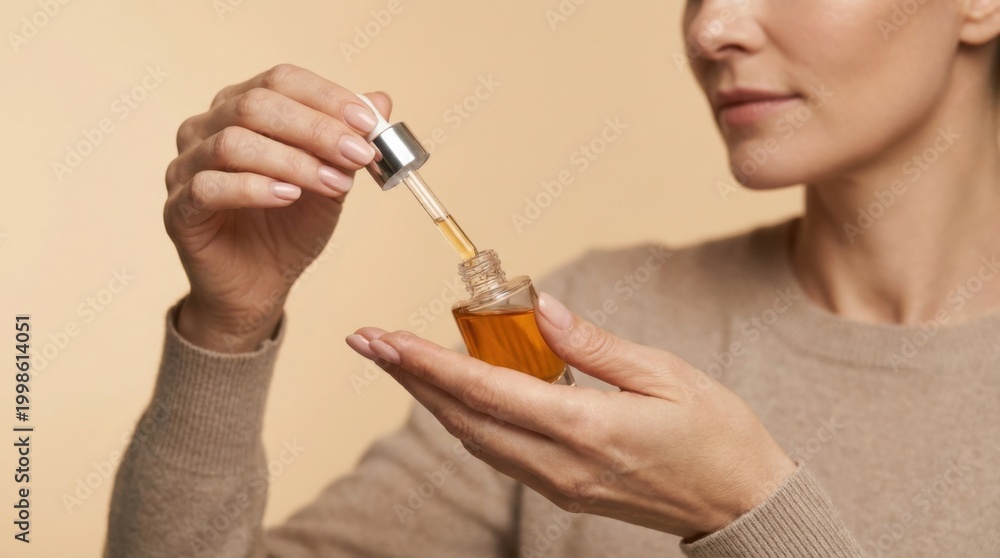 Fototapeta premium Adult woman holding small glass dropper bottle filled with golden brown cosmetic oil serum for application during skincare routine.