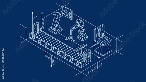 Blueprint style assembly line platform - Great for technical drafting tools, industrial design portfolios, or mechanical engineering manuals.