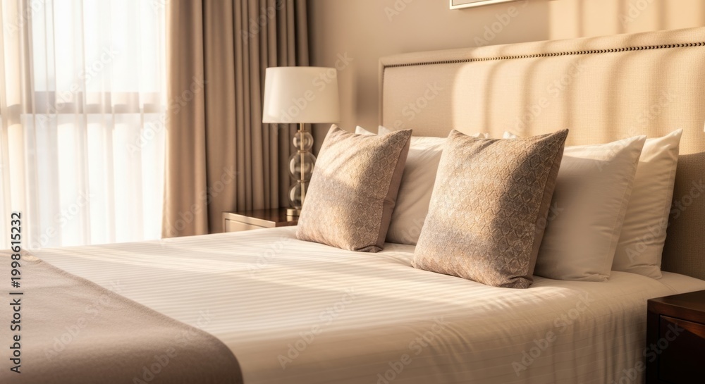 Obraz premium Luxurious king-size bed with elegant patterned pillows, bathed in warm golden hour light for a serene and inviting upscale bedroom atmosphere.
