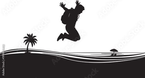 Silhouette of a person with a backpack jumping high in a tropical