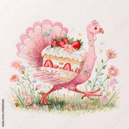 A whimsical {watercolor illustrationdigital painting} of a strawberry shortcake turkey trotting through a {pastel-hued meadowautumn orchard}, its frosting-drizzled body adorned with edible glitter and