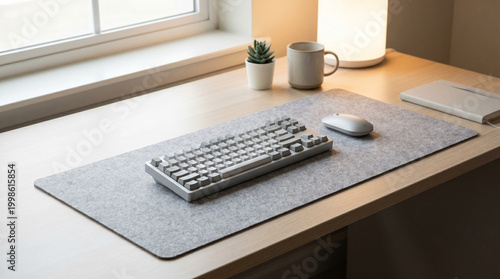 Minimalist Workspace with Gray Mechanical Keyboard, Wireless Mouse on Felt Desk Mat, Warm Lamp Lighting on a Light Wooden Desk Surface