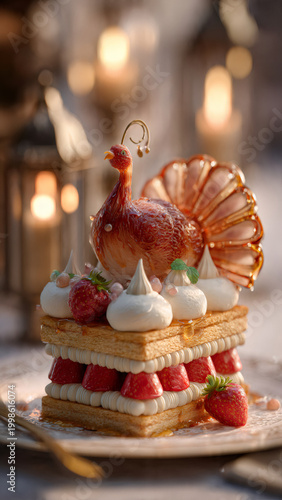 Hyper-realistic macro close-up of a turkey-shaped dessert, meticulously crafted from layers of sponge cake, fresh strawberries, and whipped cream, with caramelized sugar feathers glistening under warm