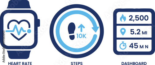 Fitness tracking smartwatch icons with heart rate steps counter and activity dashboard interface