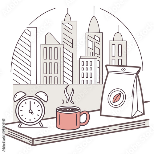 Morning coffee and alarm clock on a windowsill with cityscape view wake up flat design line art hot drink graphic design