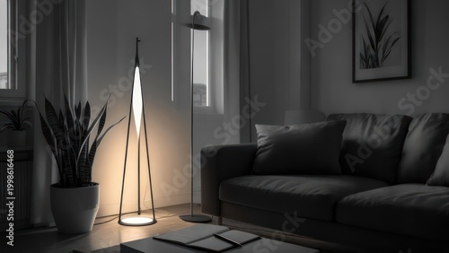 Modern minimalist floor lamp illuminating a cozy living room at night.