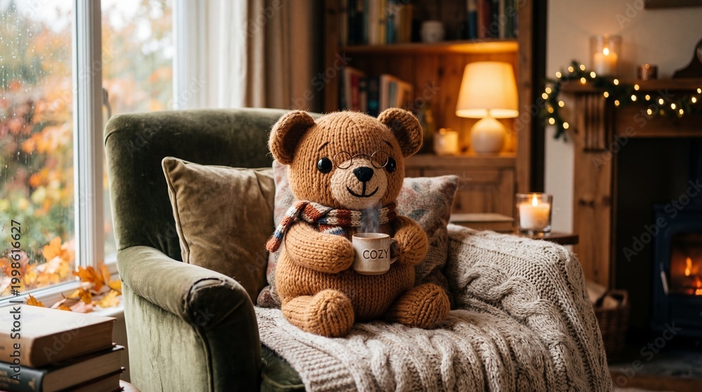 Fototapeta premium Knitted teddy bear enjoying hot drink by warm fireplace on rainy autumn day