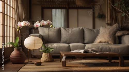 Serene Japandi living room with natural light and wabi sabi decor.