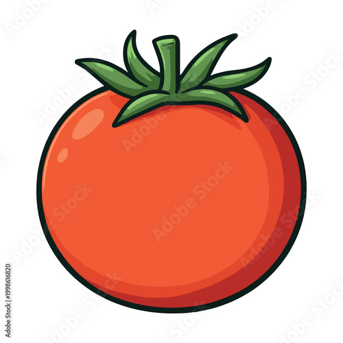Cartoon illustration of a fresh, ripe red tomato with a green stem and leaves