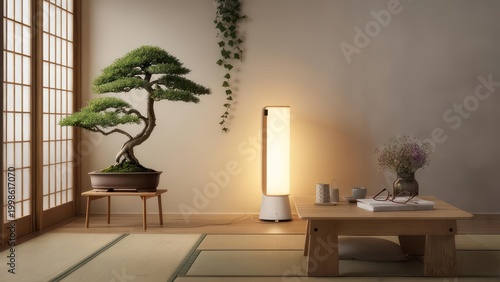 Serene Zen Interior with Bonsai Tree and Natural Light.