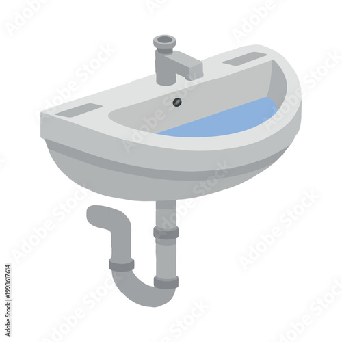 Isometric illustration of a bathroom sink with a faucet and plumbing pipes, modern washbasin design for interior home decor