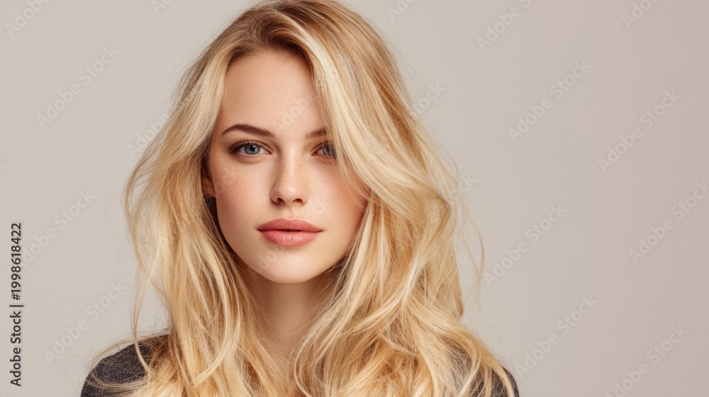 Fototapeta premium Portrait of blonde woman with neutral expression, beauty concept, studio shot, fashion lifestyle, natural look.
