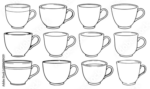 Ceramic cup set with elegant black line art on white background emphasizing the shape and rim, featuring ceramic, line art, minimalist with silhouette and outline
