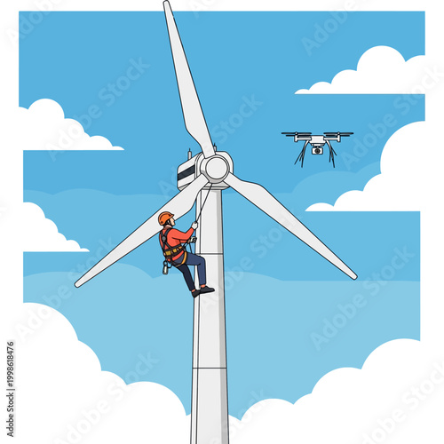 Flat design vector of a worker performing maintenance on a wind turbine, set against a bright blue sky with clouds. Ideal for renewable energy, sustainability, engineering, and safety campaigns.