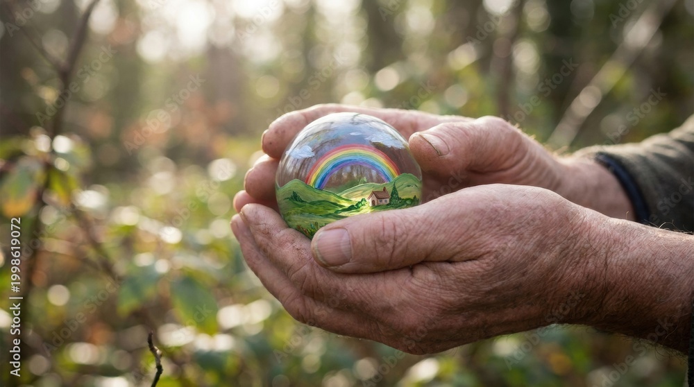 Naklejka premium Hands holding a crystal ball with miniature rainbow landscape