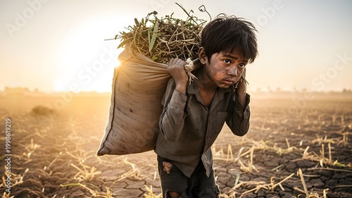 A young boy crouched in despair amidst farm work, illustrating child exploitation and trafficking. The golden hour lighting contrasts with the dark reality of forced labor and poverty