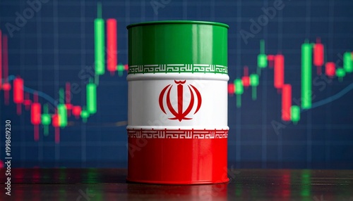 Iranian flag-painted oil barrel with financial chart background, red and green candlestick patterns, symbolizing oil industry and markets.