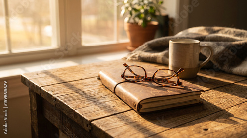 Cozy Morning Scene with a Leather Journal, Tortoiseshell Glasses, and a Warm Mug on a Rustic Wooden Table by a Sunny Window