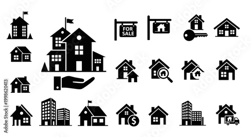 Collection of various house icons in black silhouette style