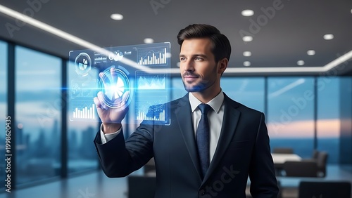 A businessman interacting with a holographic display in a modern office, showcasing futuristic technology 