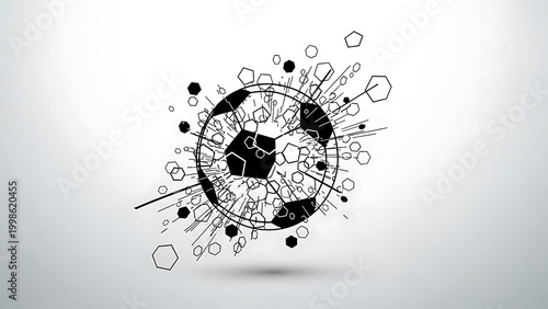 An artistic illustration of a soccer ball with a unique geometric design. The ball is intricately drawn, featuring various shapes and lines