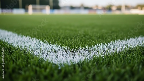A close-up shot of a well-maintained football field, showcasing the vibrant green grass and the clear white lines that define the playing area.