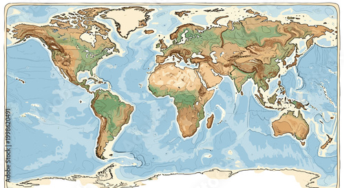 World map with continents and oceans in a flat style