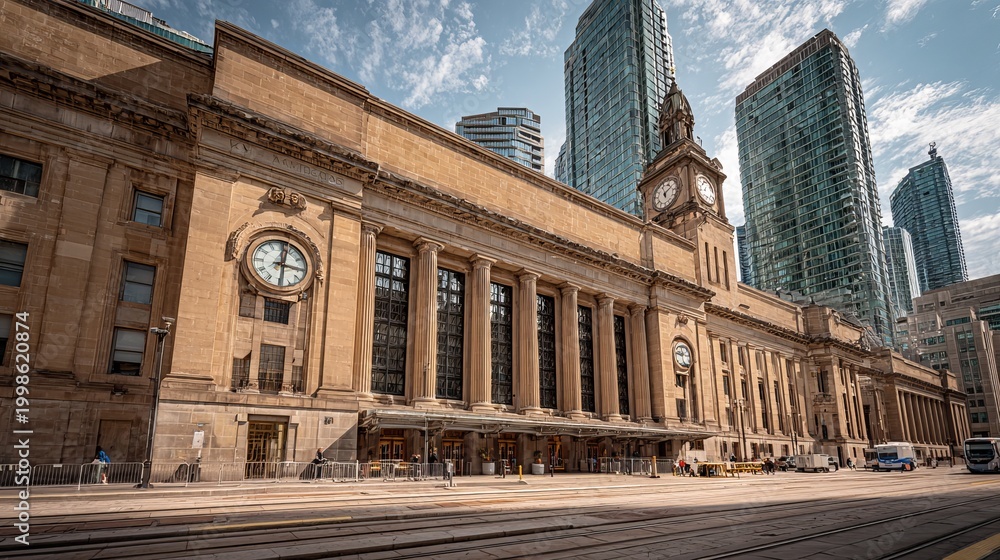 Obraz premium Toronto's Union Station features a clock and tall buildings nearby.