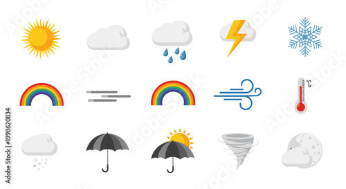 Collection of weather icons including sun rain and snow