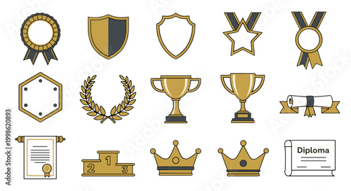 Collection of awards medals trophies and certificates