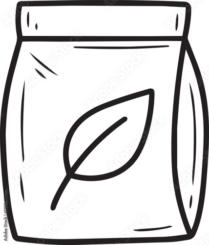 Organic fertilizer line art doodle icon vector, compost soil additive outline symbol with leaf, eco-friendly plant food.