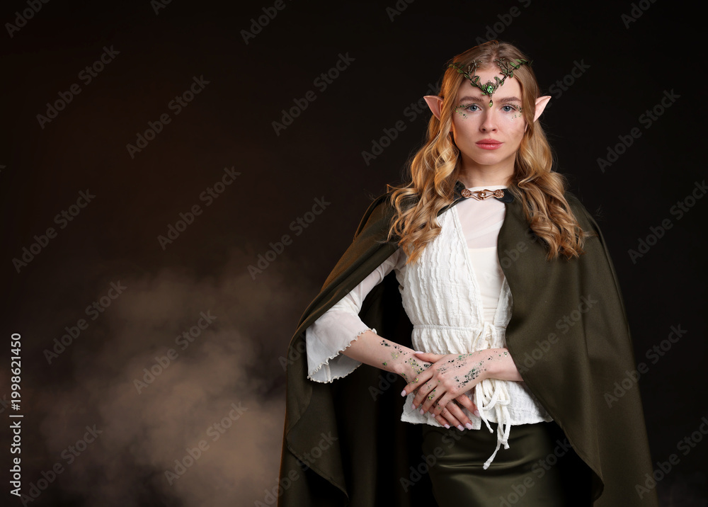 Fototapeta premium Beautiful elf girl on black background with smoke, space for text