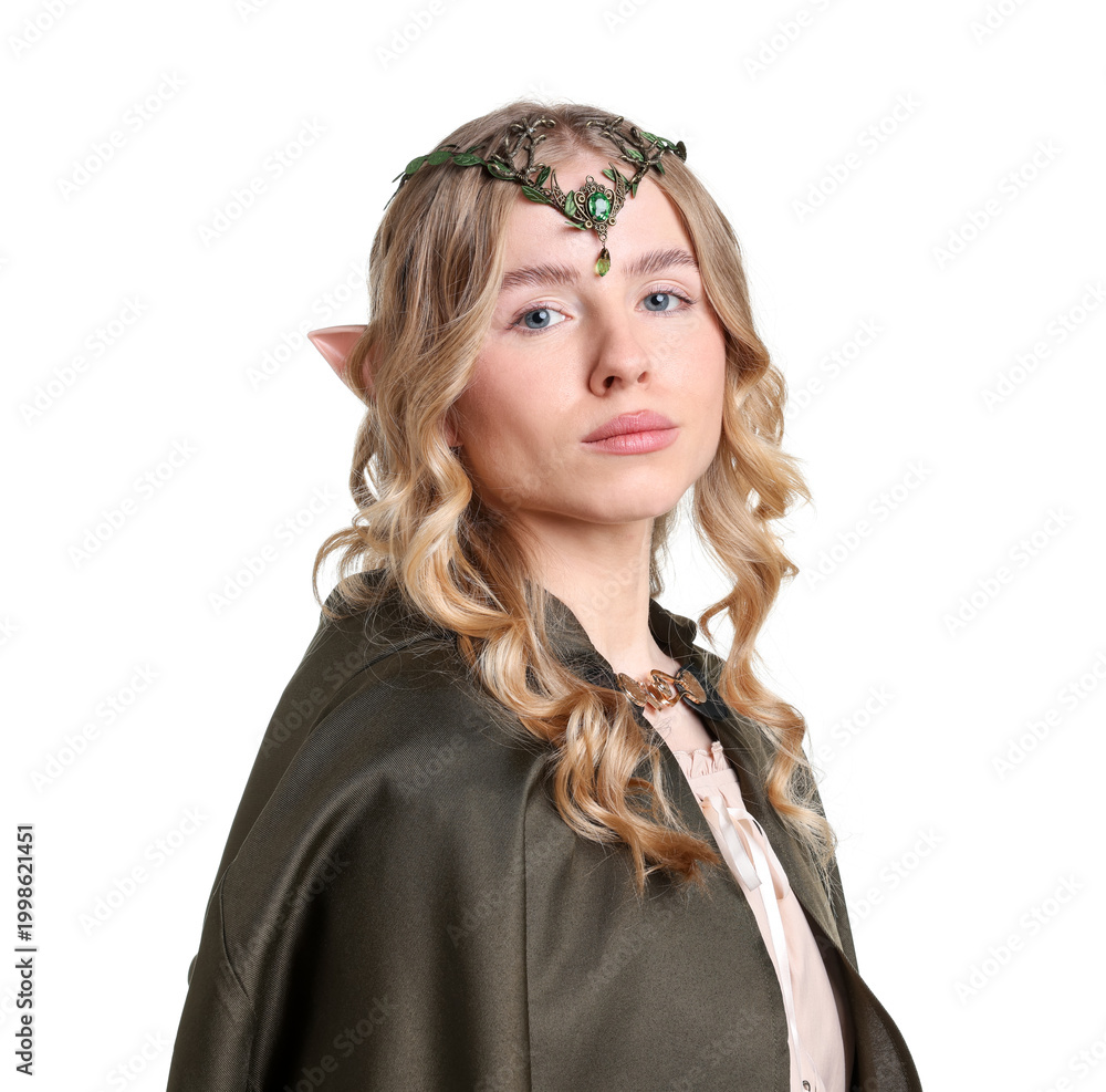 Fototapeta premium Beautiful girl dressed as elf on white background