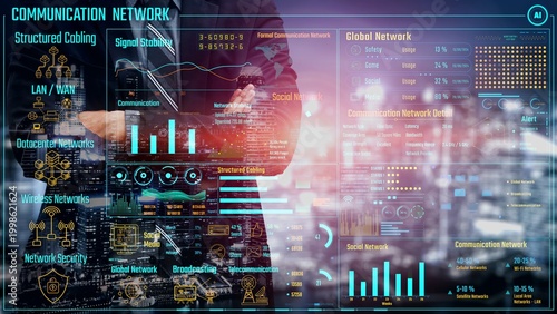 Billede på lærred Data center monitoring dashboard visualize network performance, connection status, usage rate, and telecommunication insight