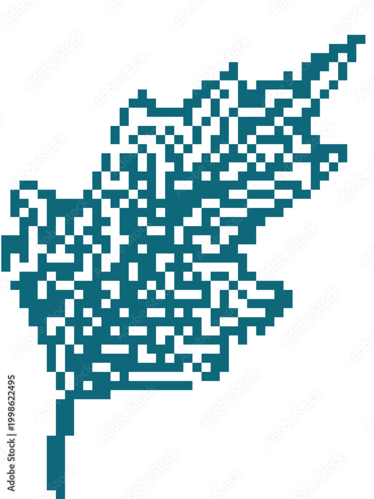 Fototapeta premium Cyan pixelated leaf shape with stem on white background