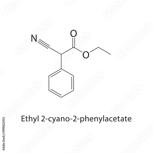 Ethyl 2-cyano-2-phenylacetate skeletal structure. nitrile ester compound schematic illustration. Simple diagram, chemical formula.