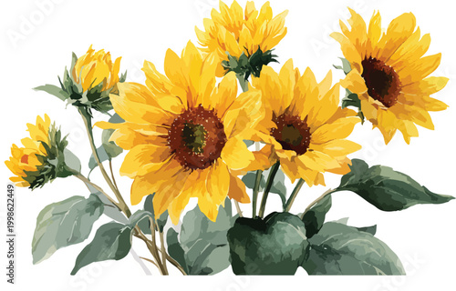 A beautiful bouquet of bright yellow sunflowers in a garden vase captures the summer bloom of nature and the floral beauty of a sunlit spring field