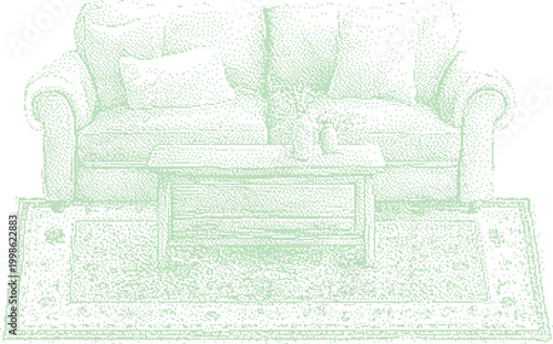 Cozy living room interior with upholstered sofa and patterned rug during a bright day