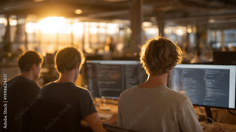 Obraz premium Golden hour flooding open-plan quantum software startup studio, team of four developers at standing desks reviewing quantum programming language documentation on shared screen, collaborative workspa