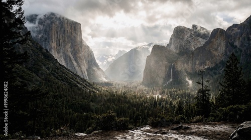 Dramatic Yosemite Valley Landscape with God Rays and Mist at Tunnel View