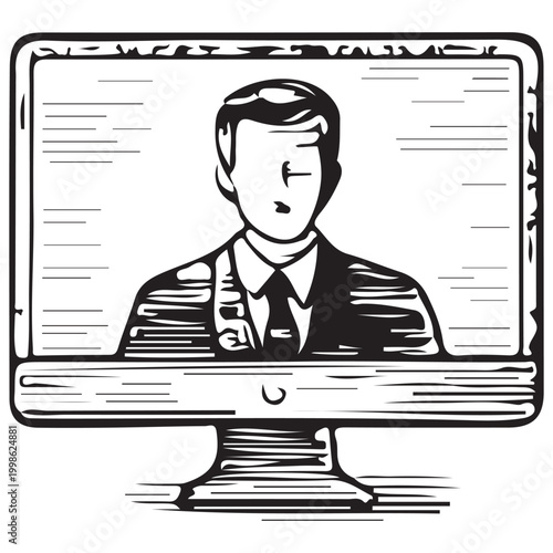 Desktop Monitor with Video Presenter Illustration for Online Broadcast Webinar and Digital Meeting