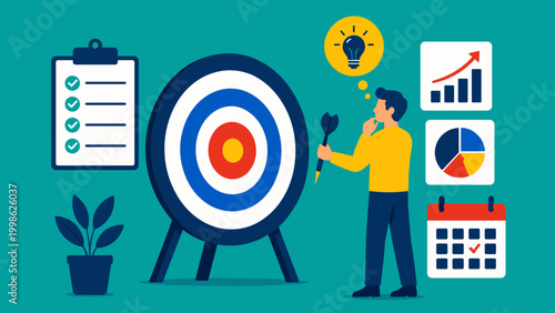 Person planning strategy with target and checklist showing goal setting, concept of focus, planning and achievement