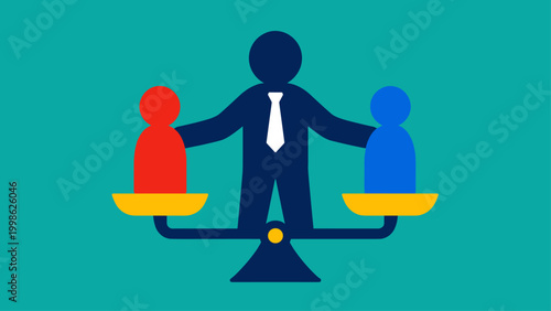 mediator figure balancing two figures on scale showing agreement and resolution, concept of decision making, conflict resolution and fairness
